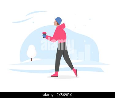 Man in warm clothes walking with coffee cup along winter city street vector illustration Stock Vector