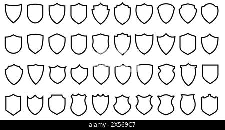 Shield icons set. Black linear shields of different shapes in flat graphic design. Vector illustration Stock Vector