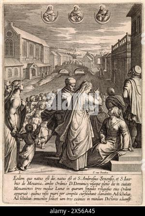 Apparition of three Dominicans, Egbert van Panderen, after Otto van Veen, 1610 - Cityscape with a group of figures in the foreground, looking up to the sky. There they see three crescents with the busts of Dominicans: Saint Thomas Aquinas, Blessed Ambrose of Siena and Blessed James of Bevagna. In the margin a five-line caption in Latin. Stock Photo