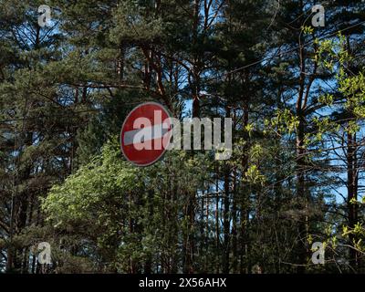 Hanging stop sign in forest Stock Photo
