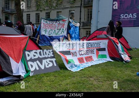 London, UK, 7th May, 2024. Students at SOAS University (School of Oriental and African Studies) have formed a protest camp in solidarity with Palestinians and are calling on the institution to divest from Israel. Credit: Eleventh Hour Photography/Alamy Live News Stock Photo