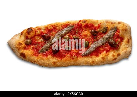 Mini boat-shaped pizza with tomato sauce, anchovies and olives and capers isolated on white with clipping path included Stock Photo