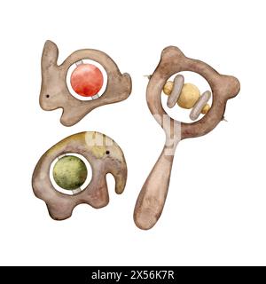 A set of children's wooden rattles in the shape of animals, an elephant, a hare and a bear. Isolated watercolor illustration for cards, stickers, text Stock Photo