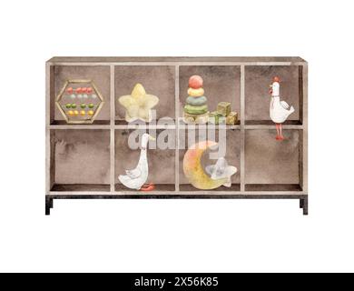 Children's watercolor cabinet with shelves for toys, abacus, goose and rooster, moon and stars, cube and pyramid. Isolated hand drawn illustration for Stock Photo