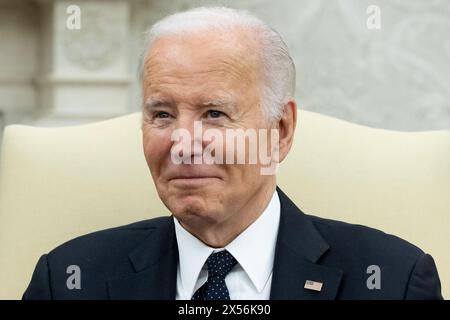 Washington, United States. 07th May, 2024. President Joe Biden hosts President of Romania Klaus Iohannis during their meeting in the Oval Office of the White House in Washington DC on Tuesday, May 7, 2024. Photo by Michael Reynolds/UPI Credit: UPI/Alamy Live News Stock Photo