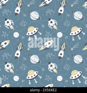 Rockets in space, seamless pattern. Galaxy, dreams, universe. Space trip. Flight among planets and stars. Space landscape, shuttle, UFO, future. For w Stock Vector