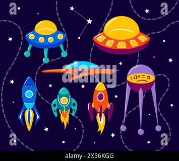 Bright multi-colored rockets in space set. Galaxy, dreams, universe. Space travel. Flight among planets and stars. Shuttle, UFO, future. Hand drawn ch Stock Vector