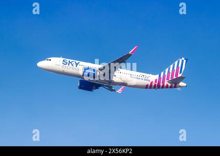 Munich, Germany - February 6, 2024: An Airbus A320neo Aircraft Of SKY Express With The Registration SX-CRE At The Airport In Munich, Germany. Stock Photo