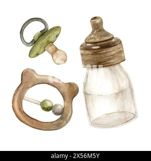 Set of baby accessories for babies, wooden rattle, pacifier and milk bottle. Watercolor isolated illustration for children's interior, cards, stickers Stock Photo