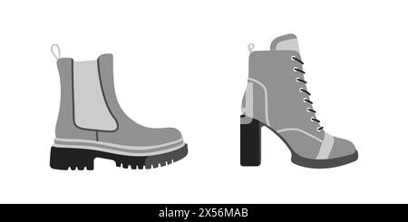A set of gray shoes. Women shoes isolated on a white background. Fashion shoes vector. Shoe logo. Set of high winter shoes vector. Vector illustration Stock Vector