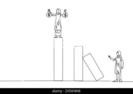 Continuous one line drawing Arabian businesswoman stands on the bar lifting money bag. Fake partner. Envy friend. Sabotage happiness. The traitor on o Stock Vector
