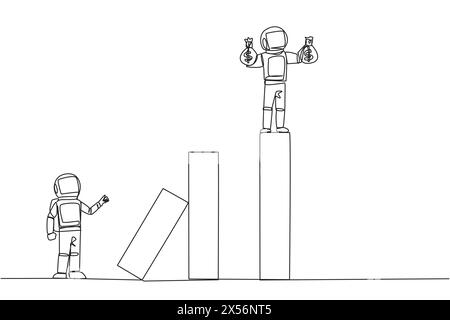 Continuous one line drawing the astronaut standing on the bar lifting money bag. Fake partner. The envy friend. Sabotage happiness. The traitor on off Stock Vector