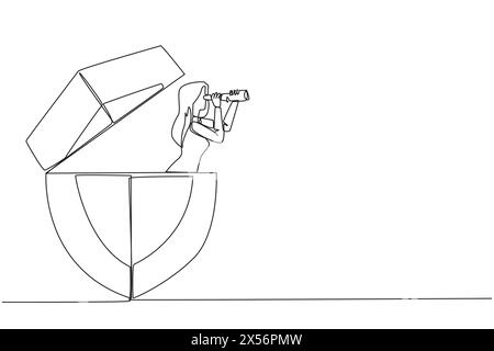 Continuous one line drawing businesswoman comes out of shield looking for something through binoculars. Looks for the best protection for the data ser Stock Vector