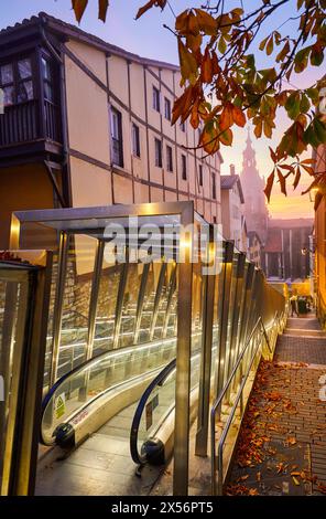 Moving walkway connecting old town with the city, San Pedro Apostol church in background, Vitoria-Gasteiz, Araba, Basque Country, Spain, Europe Stock Photo