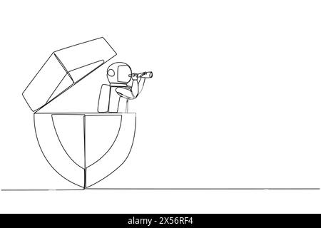 Single continuous line drawing the astronaut emerges from the shield looking for something with binoculars. Provides multiple layers for safe flights Stock Vector