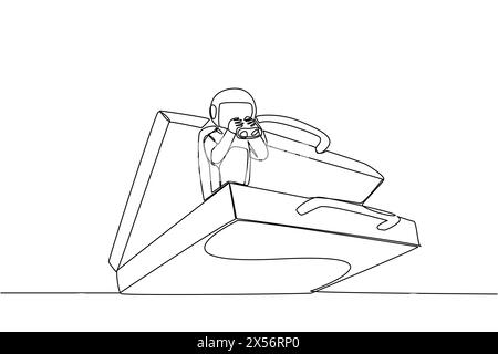 Single continuous line drawing astronaut emerges from briefcase looking for something through binocular. Comfortable bag to carry for observations of Stock Vector