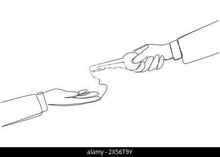 Single continuous line drawing a hand gives a key to a coworker. Full trust is given. Fix anything that's broken. Keep it up. Business that will conti Stock Vector