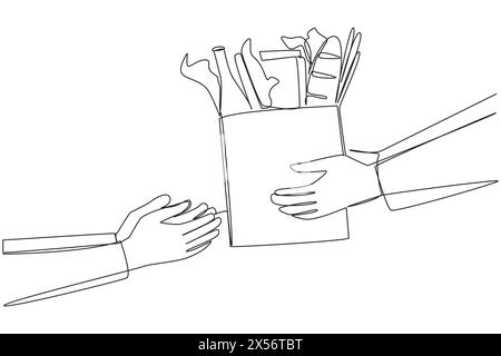 Continuous one line drawing hand giving grocery bag. Very environmentally friendly shopping bags. Able to carry various types of food. Protect the ear Stock Vector