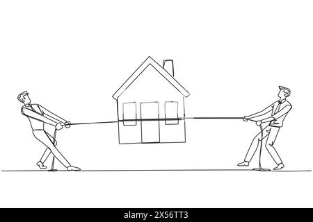 Continuous one line drawing two businessmen fight over a miniature house. Compete to get a decent official residence. House close to business location Stock Vector