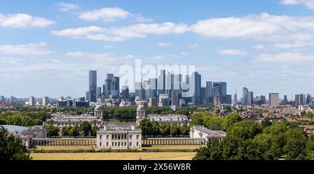 London, England. July 19, 2022. Panoramic elevated view of Greenwich park and old Naval Academy by the River Thames and Old Royal Naval College buildi Stock Photo