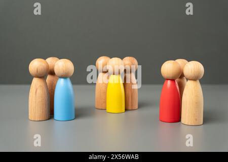Three groups of people at negotiations. Conflict resolution and protection of interests. Multilateral agreement. Representatives from different politi Stock Photo