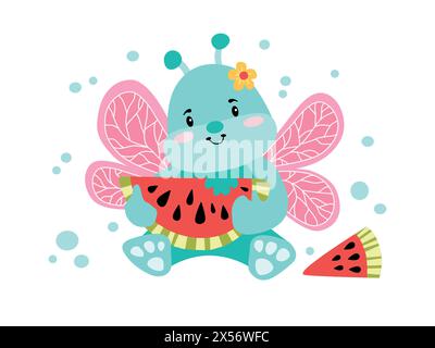 Big cute characters butterfly with watermelon. Colorful vector illustration in flat style. Childrens sticker isolated on a white background. Smiling c Stock Vector