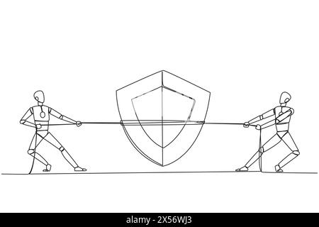 Continuous one line drawing two robots fighting over shield. Competition trains the level of awareness of intruders. Able to protect with intelligence Stock Vector