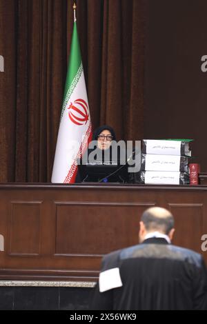 Tehran, Iran. 7th May, 2024. An Iranian veiled woman of Iran's judiciary system sits at Imam Khomeini Judicial Complex Court during the hearing of the complaint of Iranian thalassemia patients against the United States, the government, and other defendants in Tehran. (Credit Image: © Rouzbeh Fouladi/ZUMA Press Wire) EDITORIAL USAGE ONLY! Not for Commercial USAGE! Stock Photo