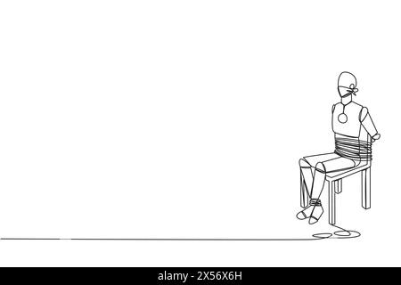 Continuous one line drawing the robot sits and helpless. Used as material for advanced artificial intelligence trial. Future robotic technology develo Stock Vector