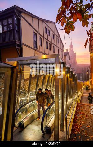 Moving walkway connecting old town with the city, San Pedro Apostol church in background, Vitoria-Gasteiz, Araba, Basque Country, Spain, Europe Stock Photo