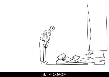 Single continuous line drawing businessman nodded in front of giant foot stepping on stack of banknotes. Request permission from investors to disburse Stock Vector