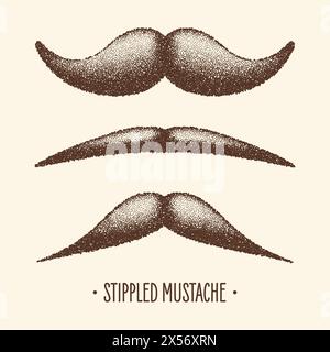 Brown stippled vintage mustache. Curly facial hair. Hipster beard. Stippling, dot drawing and shading, stipple pattern, halftone effect. Vector Stock Vector