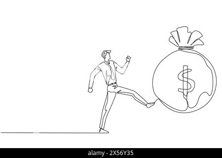 Single continuous line drawing businessman kicking money bag. Throwing away a golden opportunity to make big profits. No investments are empowered. Sl Stock Vector