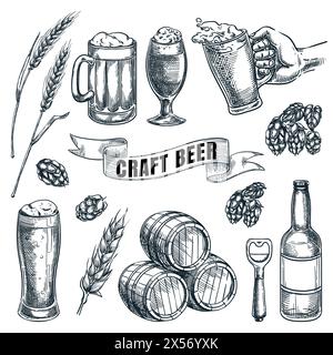 Craft beer and brewery vector hand drawn sketch illustration. Bottles, barrels and glasses design elements for pub and bar alcohol drinks menu Stock Vector
