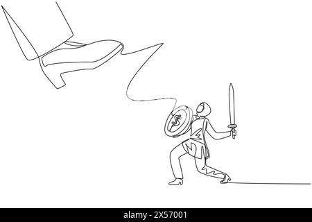 Continuous one line drawing Arab businesswoman tries to ward off giant foot wants to step on her. Fierce battle to get potential big clients. Struggle Stock Vector