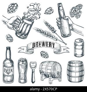 Beer and brewery icons collection isolated on white background. Glasses, bottle, barrel hand drawn elements for pub and bar menu design. Vector sketch Stock Vector