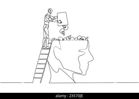 Continuous one line drawing robot climb to the large, open head with stairs. Throw away the lightbulb. Added some artificial intelligence elements. Te Stock Vector