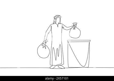 Continuous one line drawing Arab man puts rubbish bag into the trash can. Environmental care. Join the cleanliness campaign. For a healthy body and so Stock Vector
