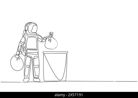 Continuous one line drawing astronaut puts trash bag in trash can. Environmental care. Throw garbage in its place. Cosmonaut. Cosmic galaxy deep space Stock Vector