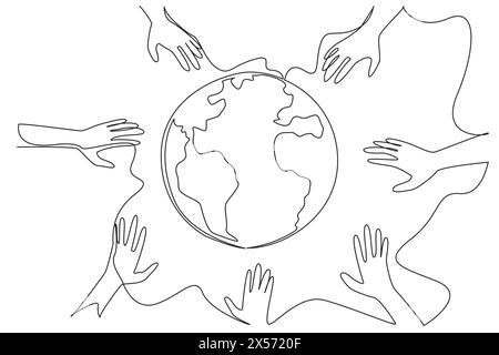 Single continuous line drawing some hands want to hold the globe. Rescue symbol. Volunteers save the earth. Plant trees. For better earth. World envir Stock Vector