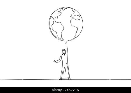 Single one line drawing Arabian man standing lifting globe with one hand. In a healthy soul there is a strong body. No pollution. Green the earth. Pro Stock Vector