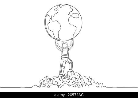Single continuous line drawing astronaut raises globe with both hands. Earth is no longer beautiful. Must immediately fight to be protected at all cos Stock Vector