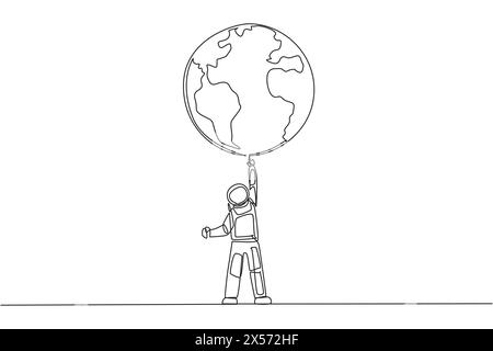 Single one line drawing astronaut standing lifting the globe with one hand. Strong determination to keep the earth beautiful. Cosmonaut caring the ear Stock Vector