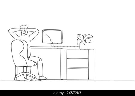 Single one line drawing man sitting in chair with his hands holding the back of head. Seen from behind. Work overtime on weekends. Remote work. Monito Stock Vector