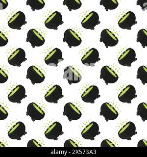 Witchs cauldron with boiling magic potion. Seamless pattern. Vector illustration. Stock Vector
