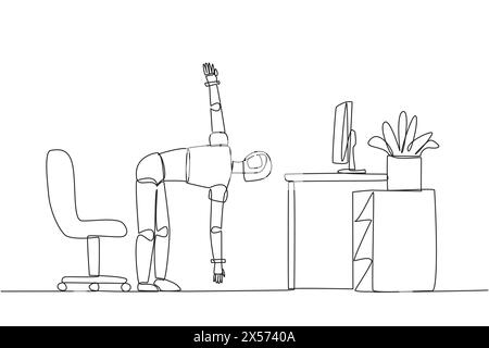 Single one line drawing robot stands with one hand raised and the other hand holding the toe. Robot exercising. Train muscle movements to be more flex Stock Vector