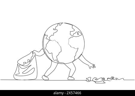 Single one line drawing globe picks up scattered rubbish. The best and simple example of protecting the earth. Throw garbage in its place. Saving plan Stock Vector