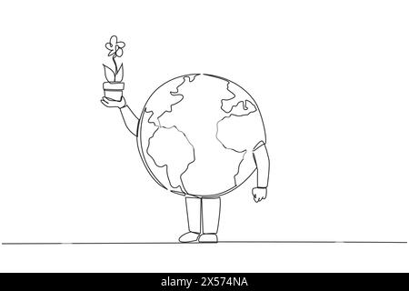 Continuous one line drawing the globe holds and lifts flowers planted in pots. Passionate about planting. Cleans inhaled air. Reduces damage to ozone Stock Vector