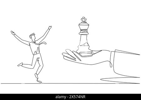 Single continuous line drawing businessman was excited to get king's chess piece from giant hand. Getting support from people is important to continue Stock Vector