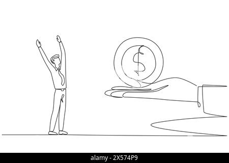 Continuous one line drawing the businessman is excited to get a dollar symbol coin from a giant hand. The most important gift. Can be used for urgent Stock Vector